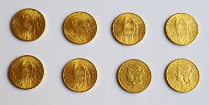 null 8 pièces de 20 dollars or dont 6 type Saint Gaudens (1900-1908-1928) et 2 type...