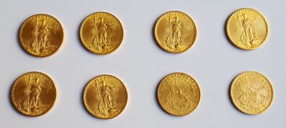 null 8 pièces de 20 dollars or dont 6 type Saint Gaudens (1900-1908-1928) et 2 type...