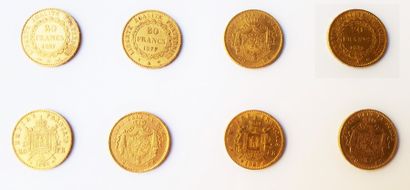 null 8 pièces de 20 F or dont Napoléon III tête laurée (2), 2 Génie de la République...