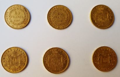 null 8 pièces de 20 F or dont Napoléon III tête laurée (2), 2 Génie de la République...