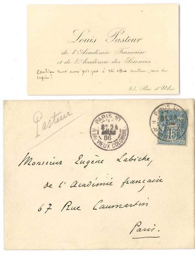 null Louis PASTEUR (1822-1895). Sa carte de visite avec 2 lignes autographes, [24...