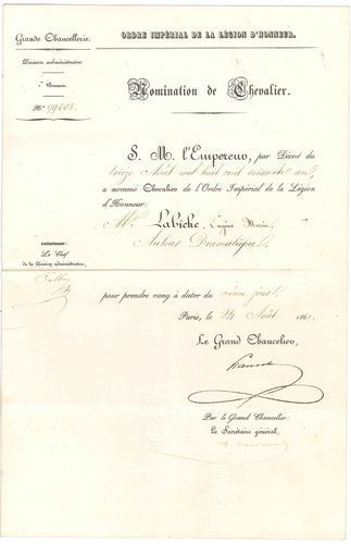 null [Eugène LABICHE]. Brevet de la Légion d’honneur, 16 septembre 1861 ; vélin in-plano...