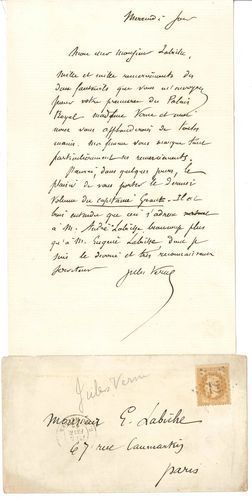 null Jules VERNE (1828-1905). L.A.S., Mercredi soir [5 février 1868], à Eugène Labiche ;...