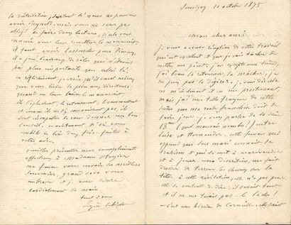null Eugène LABICHE. L.A.S., Souvigny 16 octobre 1875, à Émile Augier ; 4 pages in-8.
...