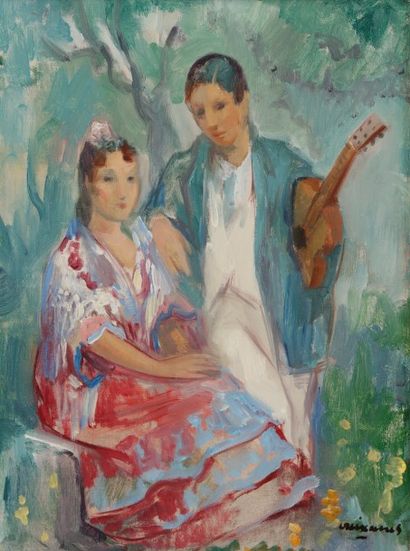 null Pedro CREIXAMS (1893-1965)
Femmes à la guitare
Huile sur toile.
Signée en bas...