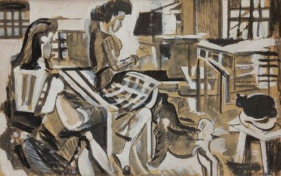  François DESNOYER (1894-1972) Femmes à l’atelier  Technique mixte sur papier. Signée...