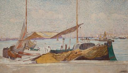 null Léon DETROY (1859-1955)
Venise, bateau à quai sur le Grand Canal
Huile sur toile.
Signée...