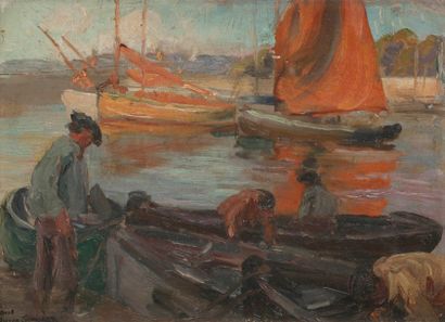 null Alfred Victor FOURNIER (1872-1924)
Soir au Port
Huile sur panneau.
Signée en...