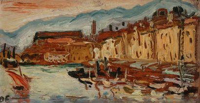 null Émile-Othon FRIESZ (1879-1949)
Toulon, le port
Huile sur panneau.
Monogrammée...