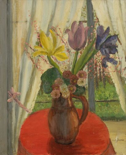 null Juliette JUVIN (1896-?)
Grand bouquet sur la nappe rouge
Huile sur toile.
Signée...