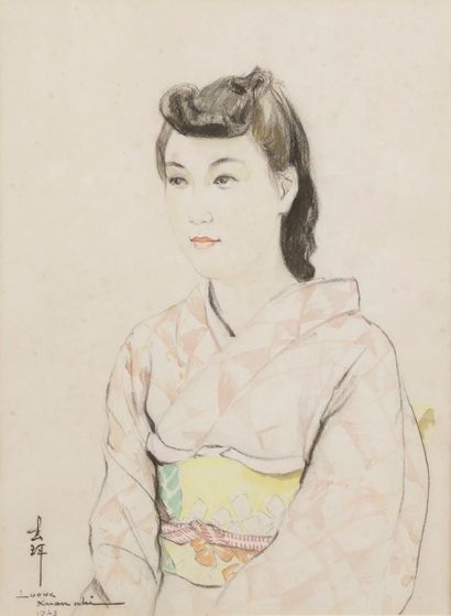  Xuan Nhi LUONG (1913-2006)
Femme au kimono, 1943
Dessin au fusain et aquarelle.
Signée... Gazette Drouot