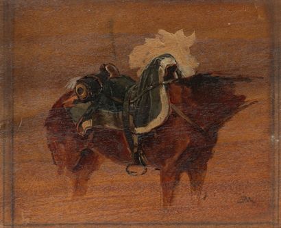 null Ernest MEISSONIER (1815-1891)
Etude de cheval et selle
Huile sur panneau.
Monogrammée...