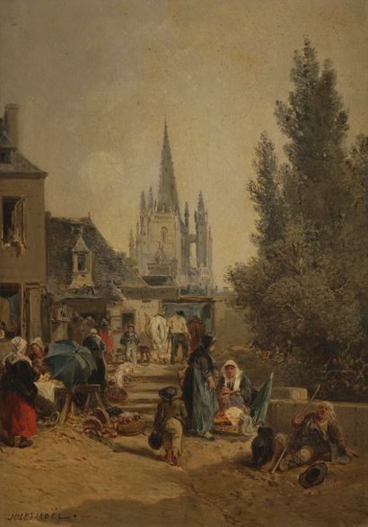 null Jules NOEL (1810-1881)
Scène de marché en Bretagne
Huile sur toile.
Signée en...