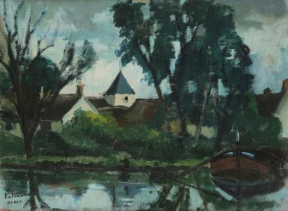 null José PALMEIRO (1903-1984)
Village en bord de rivière, 1945
Huile sur toile.
Signée...