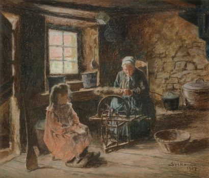 null SARKAN (XIXe-XXe siècle)
Femme au rouet, 1907
Pastel.
Signé et daté en bas à...