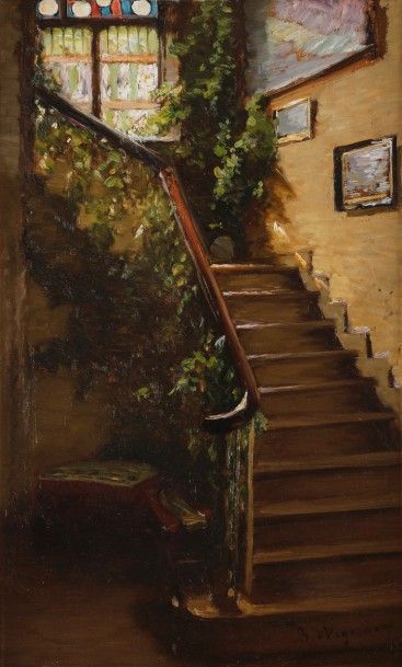 null Bertha WEGMANN (1847-1926)
Intérieur à l’escalier
Huile sur panneau.
Signée...