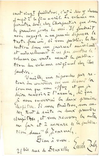 null Émile ZOLA (1840-1902). L.A.S., Paris 21 novembre 1895 ; 2 pages in-8 (marques...