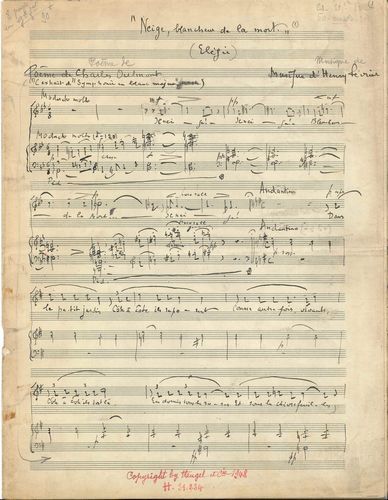 null Henry FÉVRIER (1875-1957). Manuscrit musical autographe signé, Neige, blancheur...