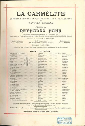null Reynaldo HAHN. La Carmélite. Comédie musicale en quatre actes et cinq tableaux....