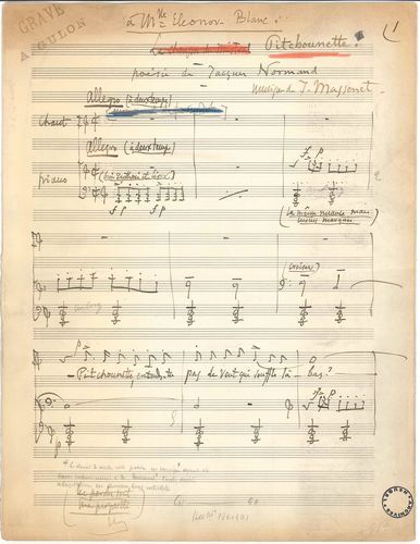 null Jules MASSENET. Manuscrit musical autographe signé, Pitchounette, [1896] ; 7...