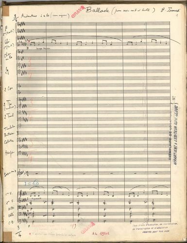 null Henri TOMASI (1901-1971). Deux manuscrits musicaux autographes signés, Ballade...