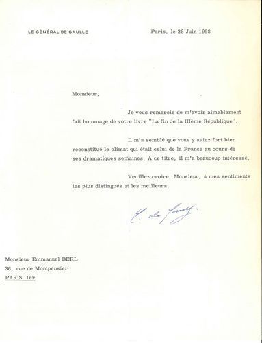 null Charles de GAULLE (1890-1970). L.S., Paris 28 juin 1968, à Emmanuel Berl ; 1...