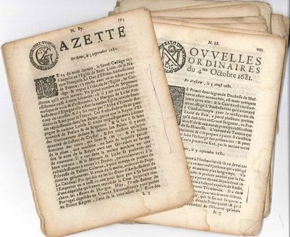null GAZETTES. 15 gazettes imprimées, septembre-décembre 1681 ; petit in-4, en feuilles...