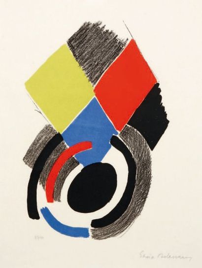 Sonia DELAUNAY (1885-1979) [Composition, losanges et cercles]. Vers 1970. Lithographie....
