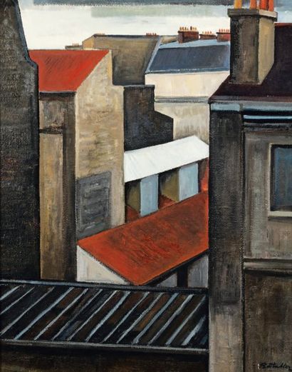 Rafael BATALLER [espagnol] (né en 1920) Les toits Huile sur panneau. Signé en bas...