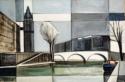 Rafael BATALLER [espagnol] (né en 1920) Paris, péniches sur la Seine Huile sur toile....
