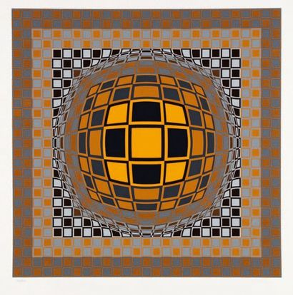 Victor VASARELY (1908-1997) [Grande composition cinétique, noir, brun, gris et orange]....