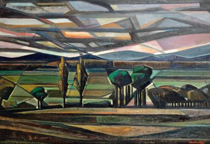 Rafael BATALLER [espagnol] (né en 1920) Paysage aux grands arbres Huile sur toile....