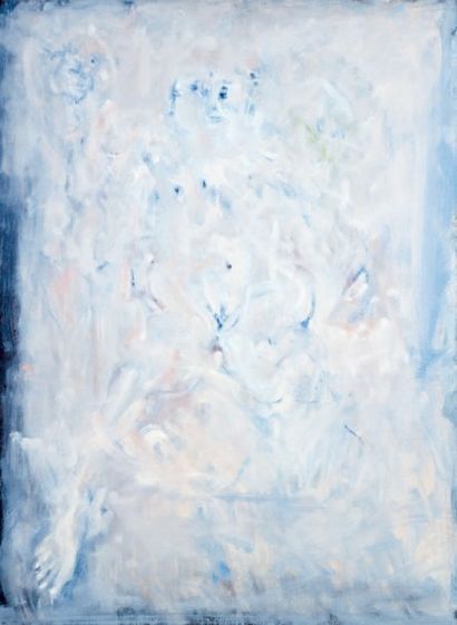 Robert LAPOUJADE (1921-1993) Personnages sur fond bleu Huile sur toile. Non signée....