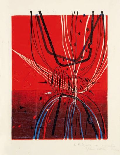 Gianni BERTINI (1922-2010) [Composition abstraite]. 1953. Bois gravé. 210 x 280....