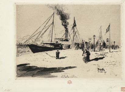 Félix BUHOT (1847-1898) Embarcadère à Trouville. 1877. Eau-forte. 275 x 195. Bourcard,...