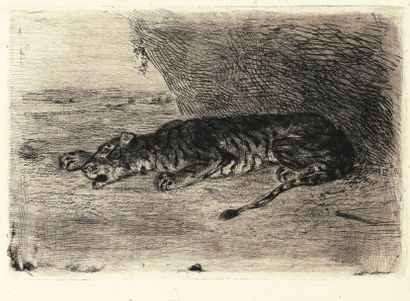 Eugène DELACROIX (1798-1863) Tigre couché à l’entrée de son antre. Vers 1820-1830....