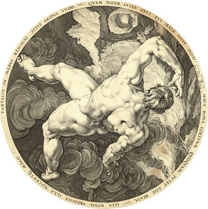 Hendrick GOLTZIUS (1558-1617) La Chute de Tantale. Burin d’après C. Cornelisz. Diamètre...