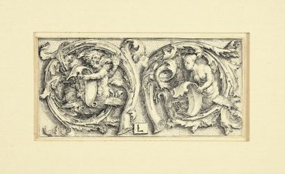 Lucas de LEYDE (1494-1533) Deux rinceaux d’ornements avec triton et sirène. Vers...