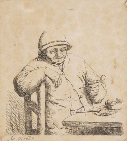 Adriaen Van OSTADE (1610-1685) Fumeur riant accoudé au dossier de sa chaise ; La...