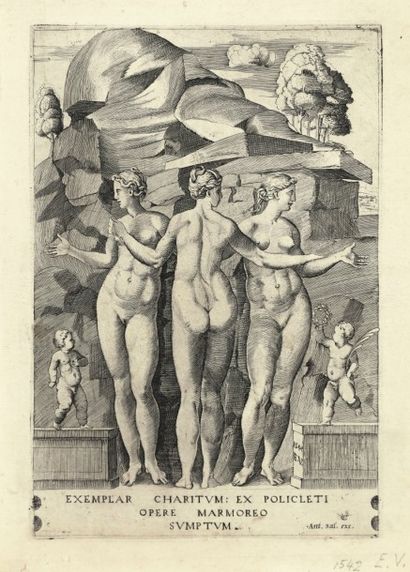 Enea VICO (1523-1567) Les Trois Grâces. 1542. Eau-forte d’après Marc-Antoine Raimondi....