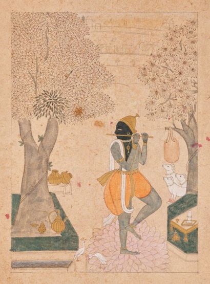 null Krishna jouant de la flûte, Rajasthan, XIXe siècle
Dessin aquarellé. Entre deux...