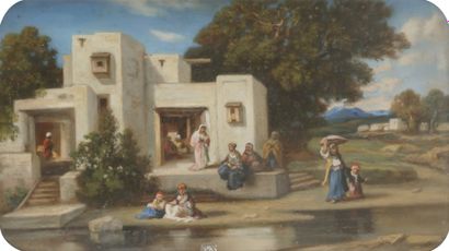 null Emmanuel Joseph LAURET (Attribué à)
(1809-1882)
Village oriental animé
Pastel.
Non...
