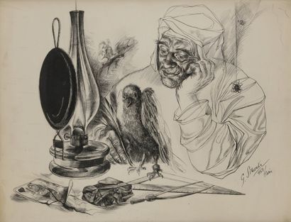 null Georges SIMONKA (1916-2001)
Fauconnier arabe écrivant, 1953
Dessin à l’encre.
Signé...