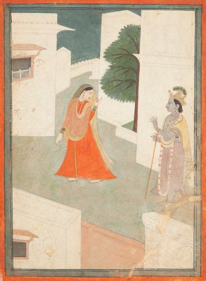 null Krishna et Radha dans la cour d’un palais, Haut Pendjab, XIXe siècle
Gouache...
