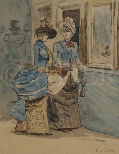 null François-Clément Sommier, 
dit Henry SOMM (1844-1907)
Deux élégantes au musée
Aquarelle...