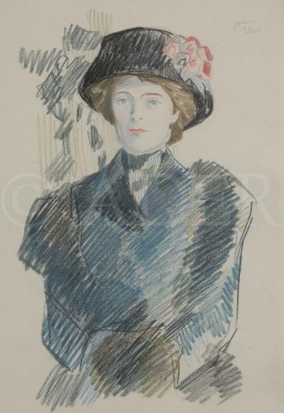 null René-Georges Hermann, 
dit HERMANN-PAUL (1864-1940)
Femme en buste, chapeau...