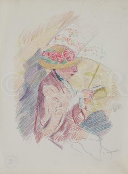 null René-Georges Hermann, 
dit HERMANN-PAUL (1864-1940)
Femme au chapeau lisant
Crayons...