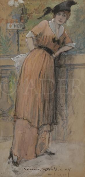 null Georges STEIN (1870-1955)
Élégante appuyée à un muret, 1914
Pierre noire, aquarelle...