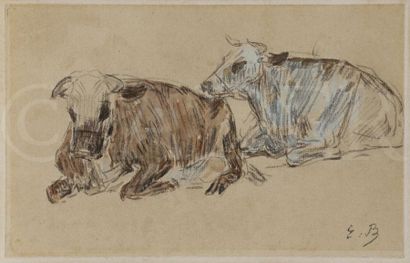 null Eugène BOUDIN (1824-1898)
Deux vaches au repos
Pierre noire et aquarelle sur...
