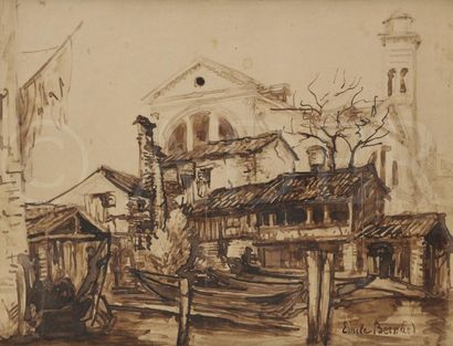 null Émile BERNARD (1868-1941)
Église, barques et baraquements
Lavis d’encre.
Signé...